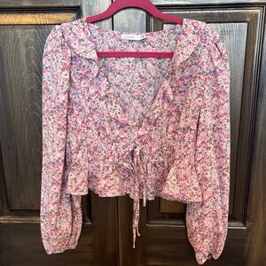 Lush Pink Floral Ruffle Tie-Front Blouse